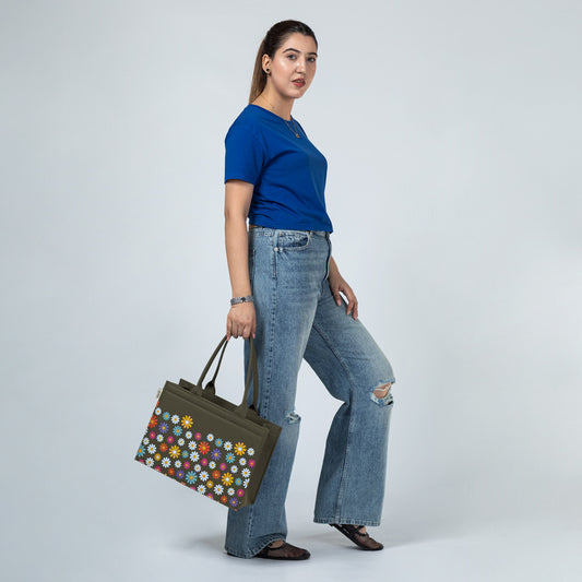 Green Canvas Tote – Multicolor Flower Fusion