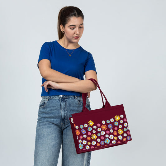 Maroon Canvas Tote – Multicolor Flower Fusion