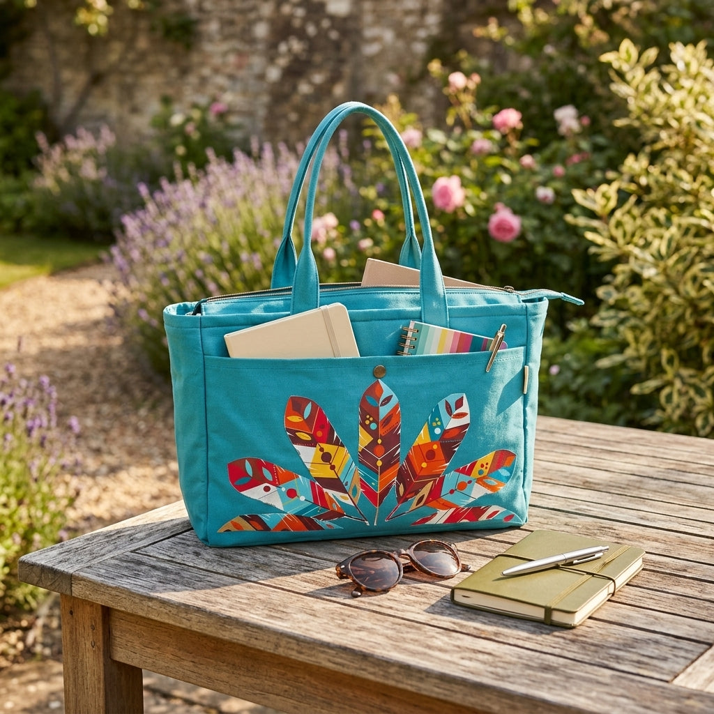 Teal Blue Printed Tote Bag for Women