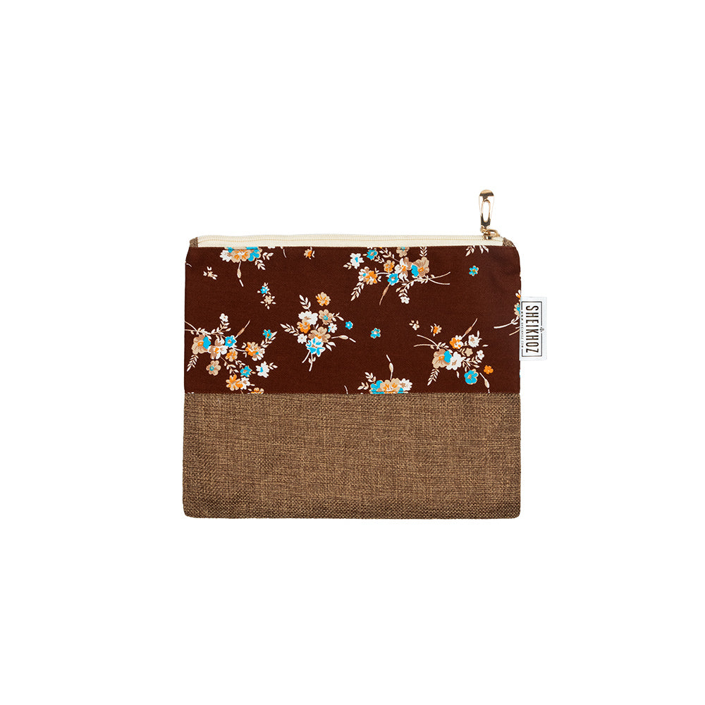Floral Dark Brown Pouch – Cotton & Jute Charm