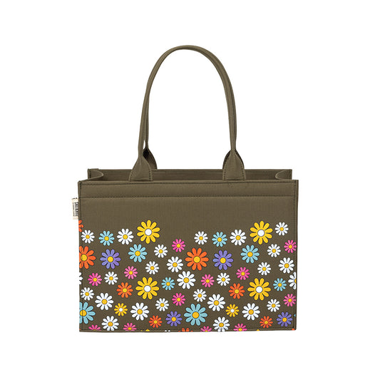Green Canvas Tote – Multicolor Flower Fusion