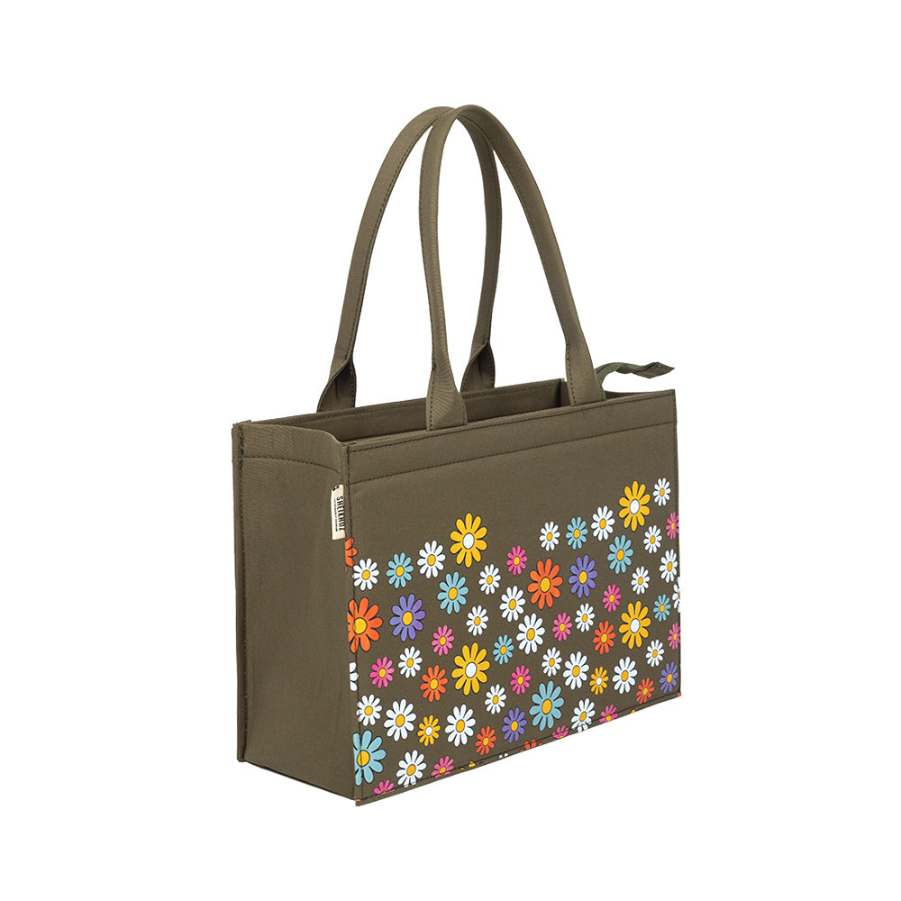 Green Canvas Tote – Multicolor Flower Fusion