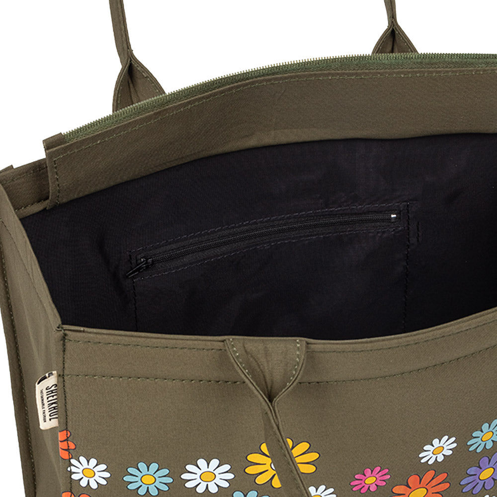 Green Canvas Tote – Multicolor Flower Fusion