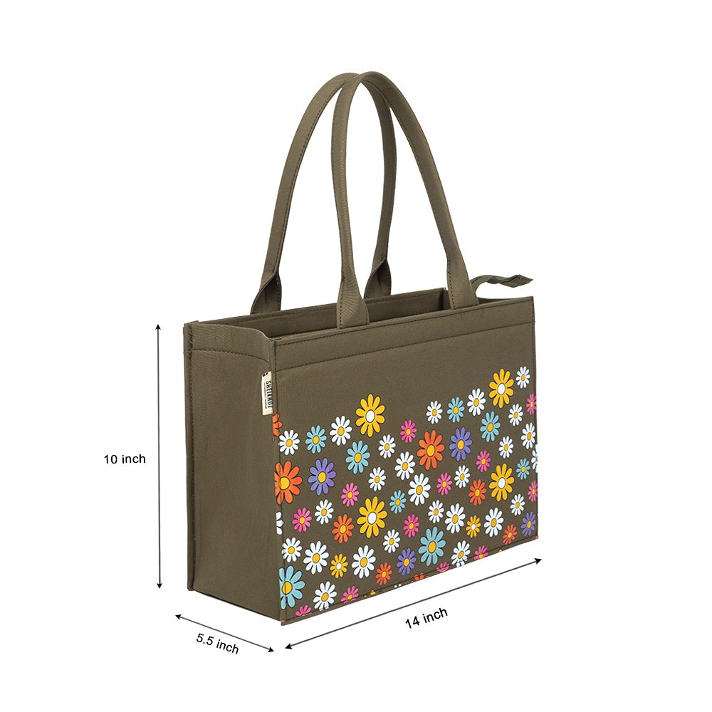 Green Canvas Tote – Multicolor Flower Fusion