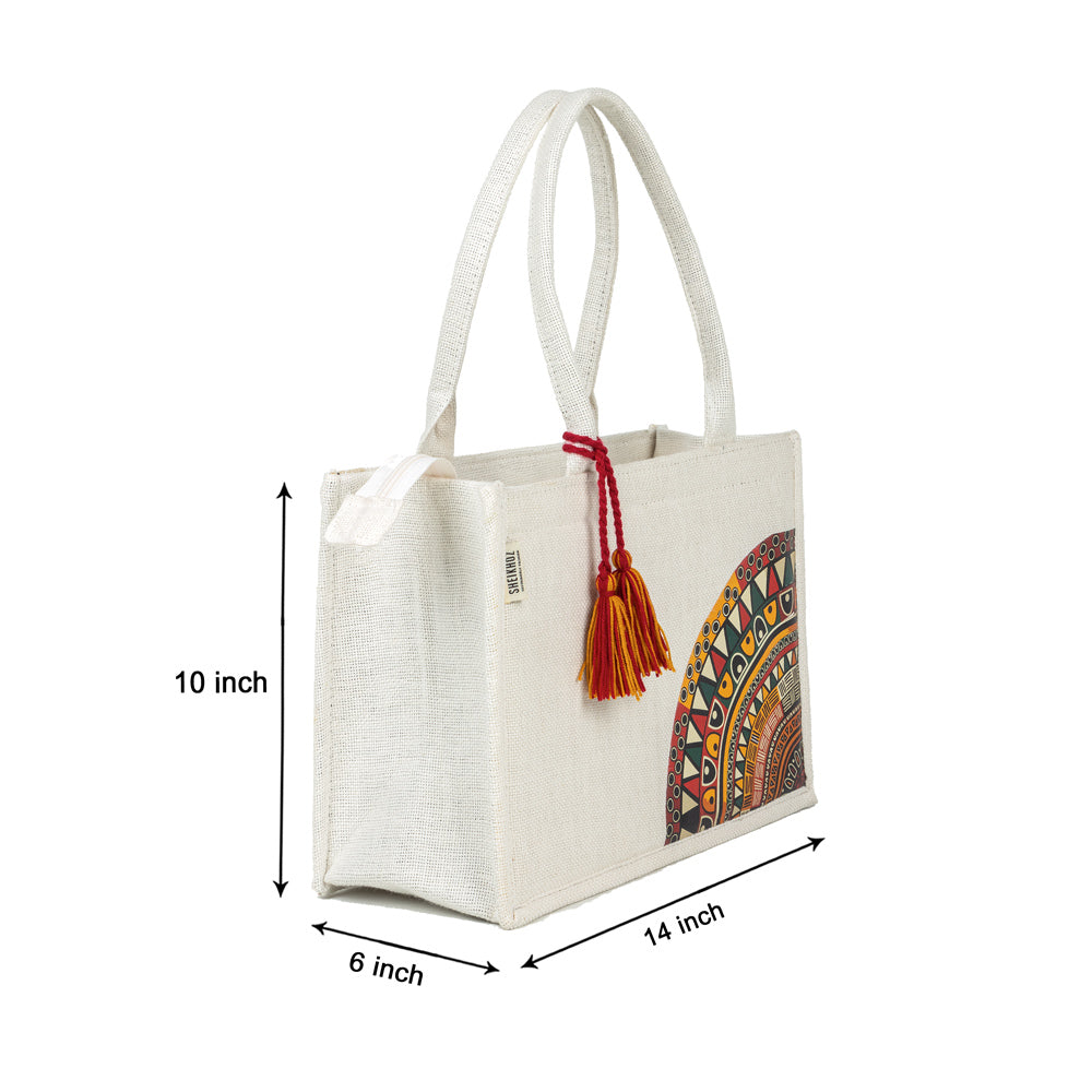 Cotton Canvas Bag - Off-White Printed with Tassel