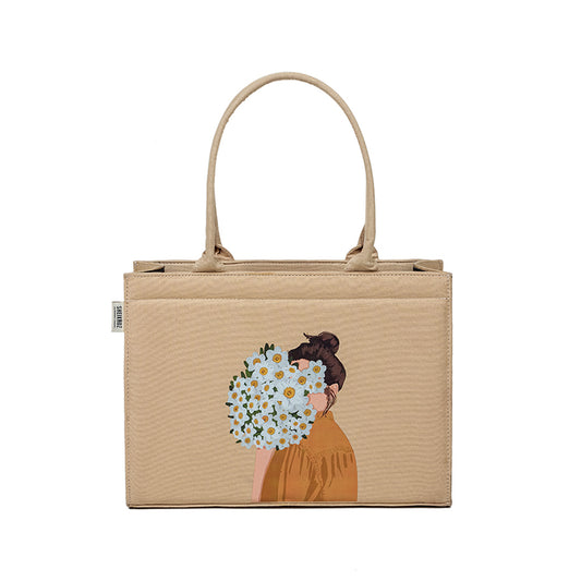 Cotton Canvas Tote Bag - Mimi Girl Corsage Beige