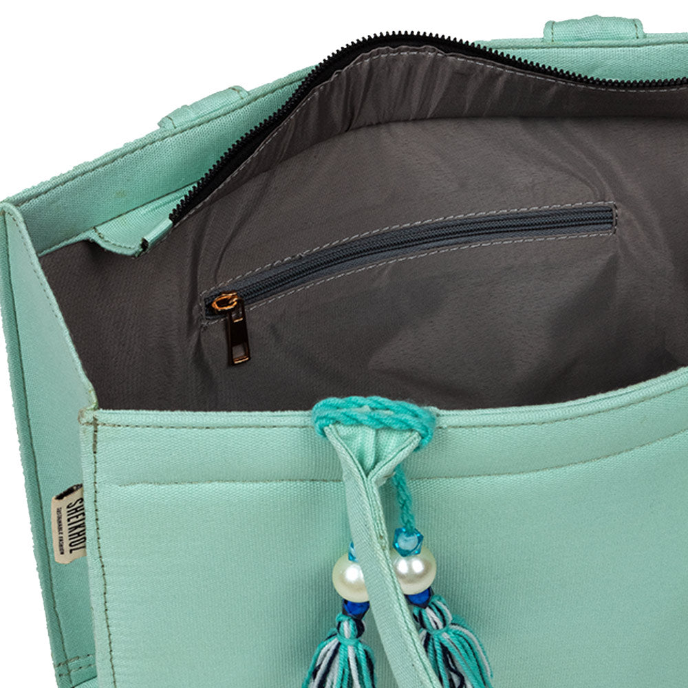 Boho Chic Sky Cotton Tassel Tote – Versatile Everyday Handbag