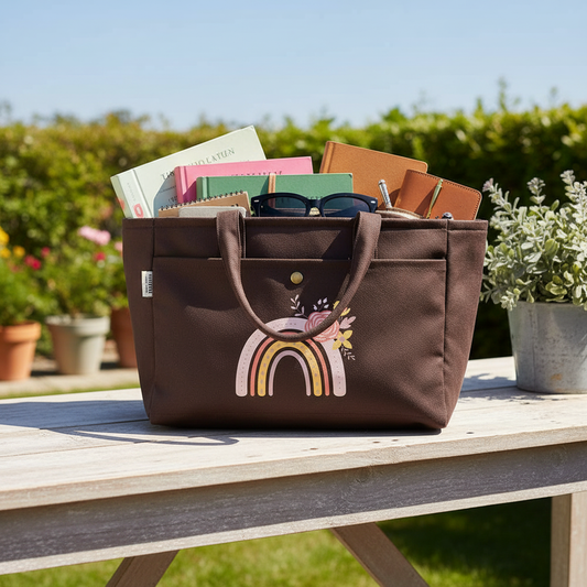 Rainbow Burst Dark Brown Canvas Tote