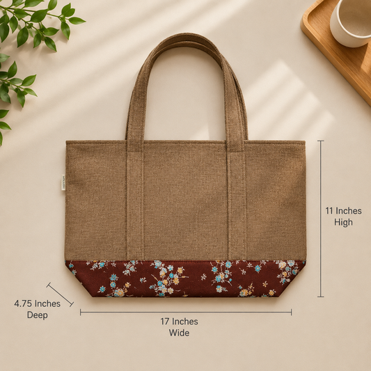 Brown jute with printed canvas Tote for Girls and Woman of all ages