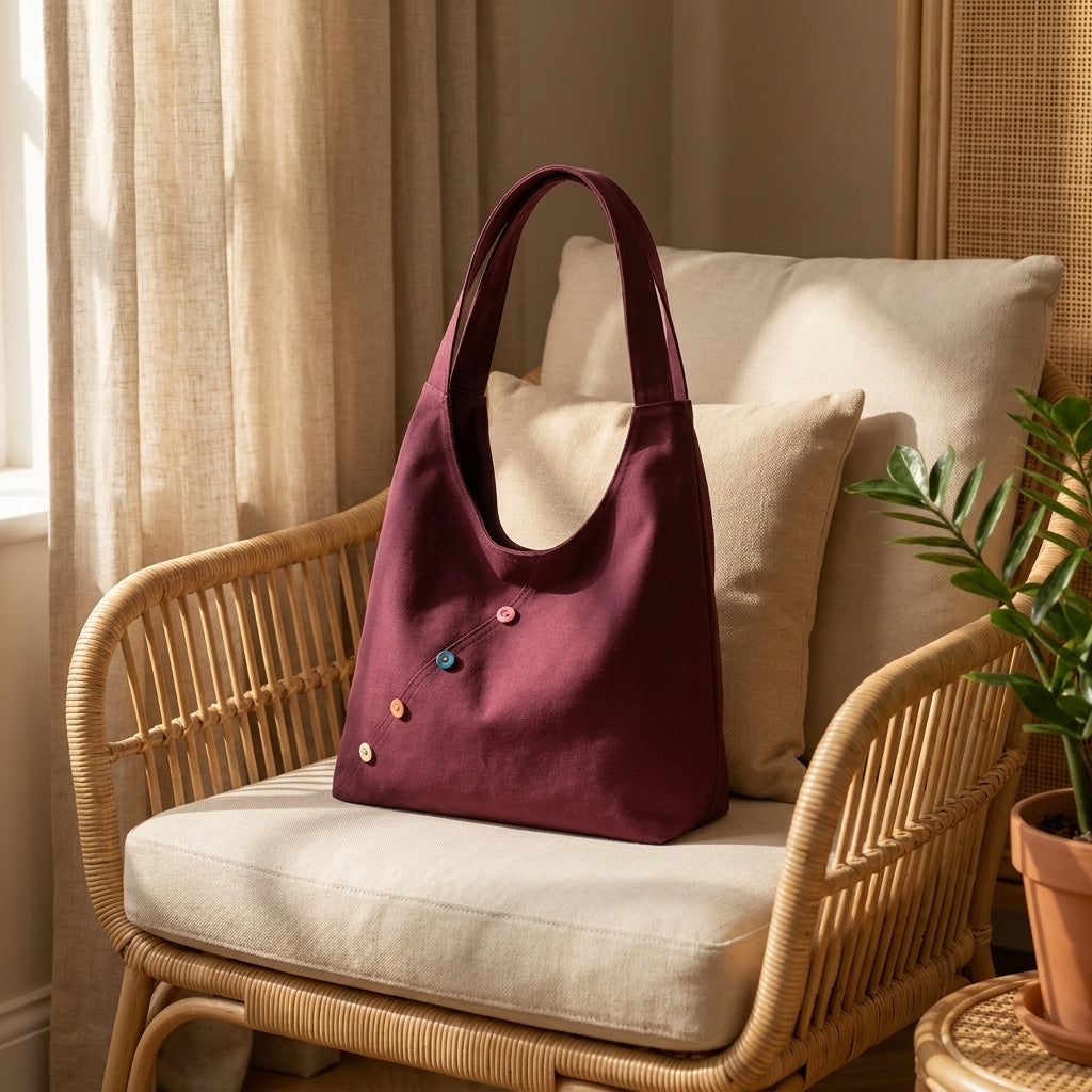 Purple Basic tote bag with buttons placed on a sofa type chair with cushions.