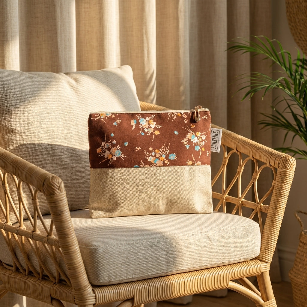 Sheikhoz makeup pouch placed on a wooden chair of beige colour