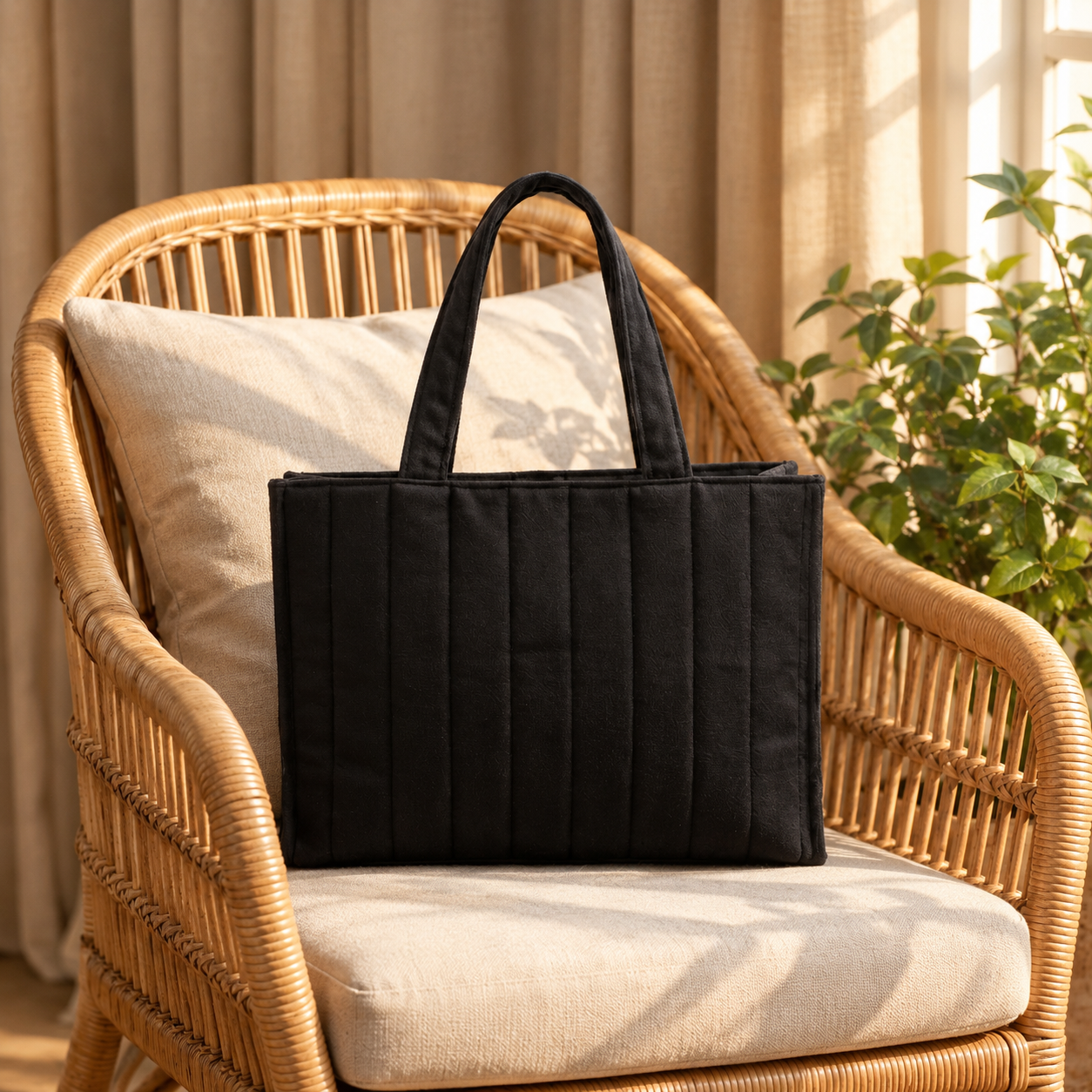 Black quilted Sheikhoz tote bag displayed on a cream cushioned rattan chair in a warm, elegant interior with beige curtains, natural sunlight, and a green indoor plant.