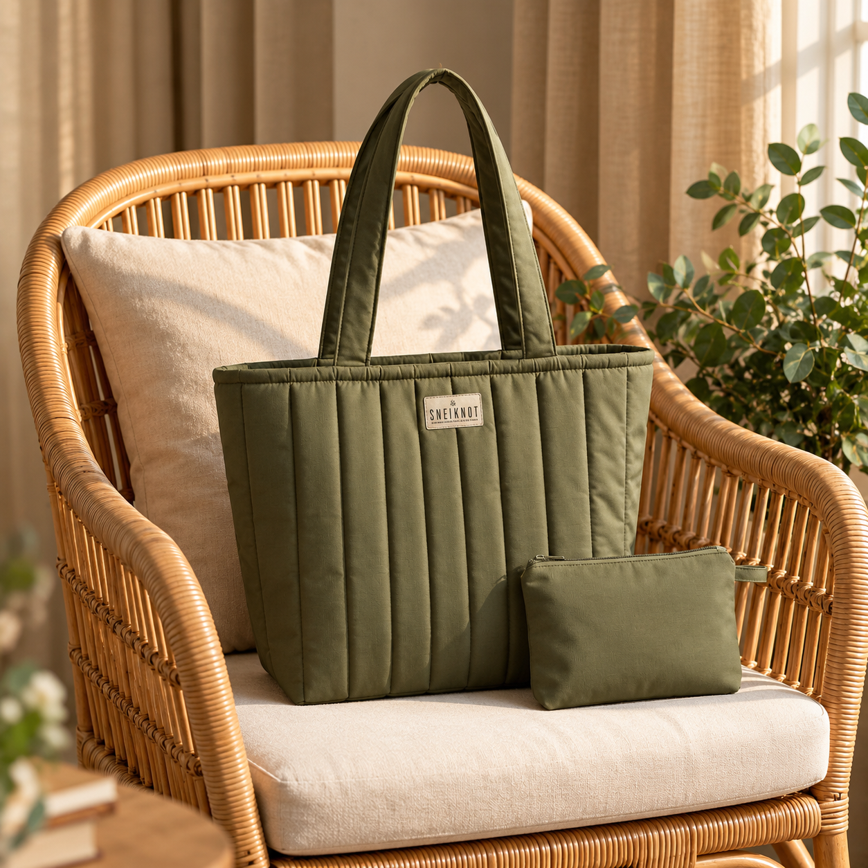 Olive green quilted Sheikhoz tote bag with a matching zip pouch displayed on a cream cushioned rattan chair, with beige curtains, warm natural sunlight, and a leafy indoor plant in the background.