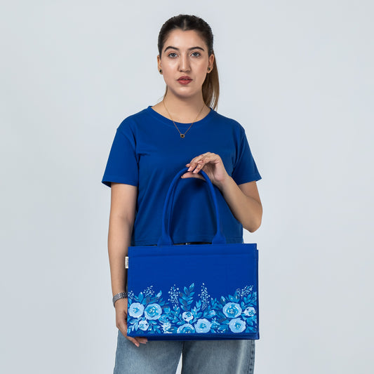 Medium Mimi - Floral Printed Royal Blue Tote Bag