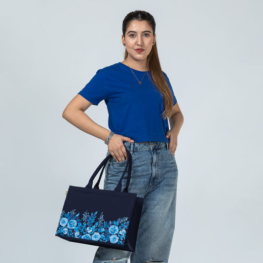Medium Mimi - Floral Printed Navy Blue Tote Bag