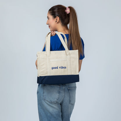 Good Vibes Off-white Canvas Tote – Eco-Chic Everyday Handbag