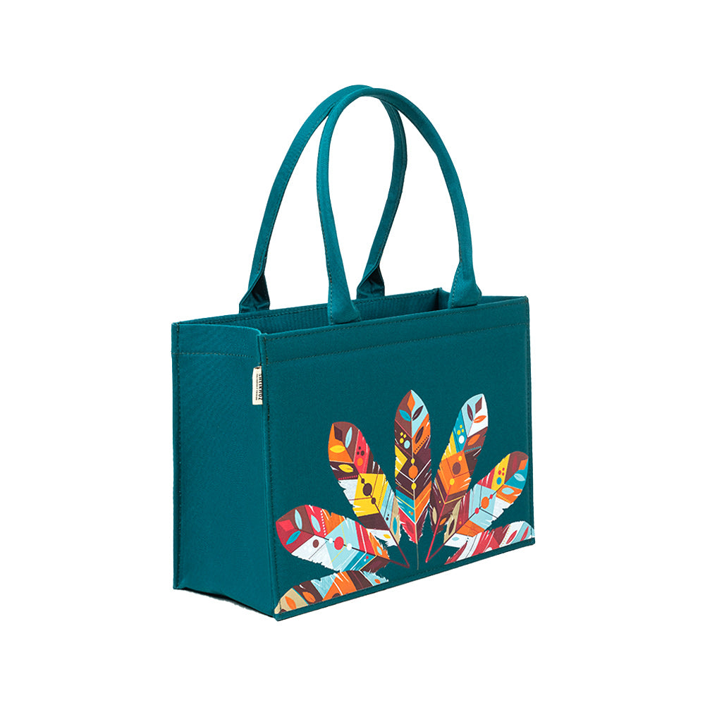 Mystic Teal Feather Charm Tote – Eco-Chic Statement Bag