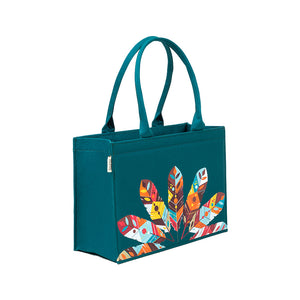 Mystic Teal Feather Charm Tote – Eco-Chic Statement Bag