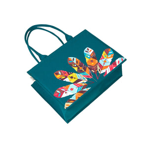 Mystic Teal Feather Charm Tote – Eco-Chic Statement Bag