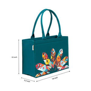 Mystic Teal Feather Charm Tote – Eco-Chic Statement Bag