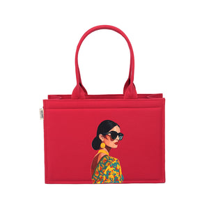 Bold Red Tote Bag – Chic Girl in Glasses