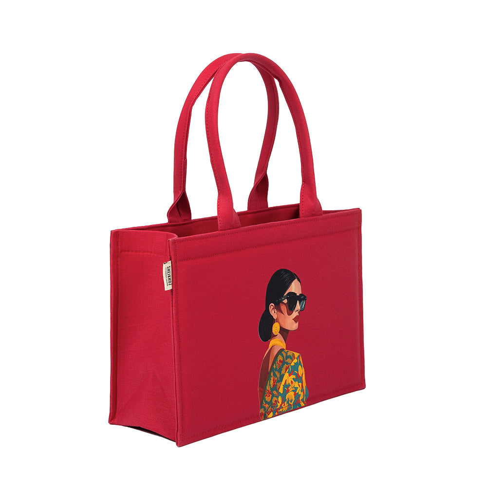 Bold Red Tote Bag – Chic Girl in Glasses