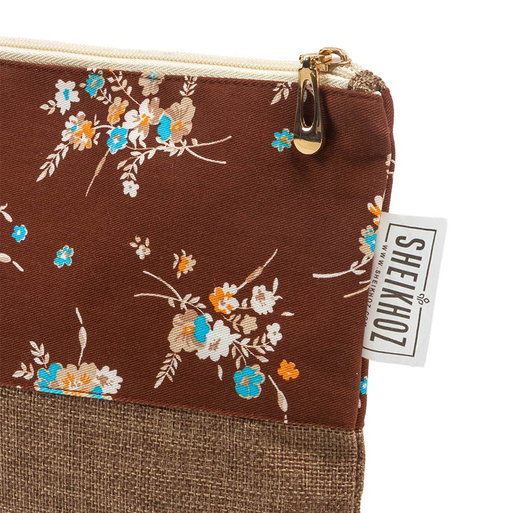 Floral Dark Brown Pouch – Cotton & Jute Charm
