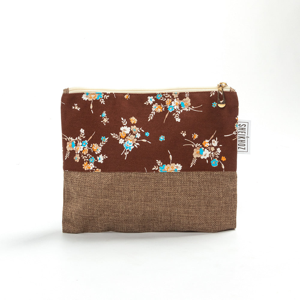 Floral Dark Brown Pouch – Cotton & Jute Charm