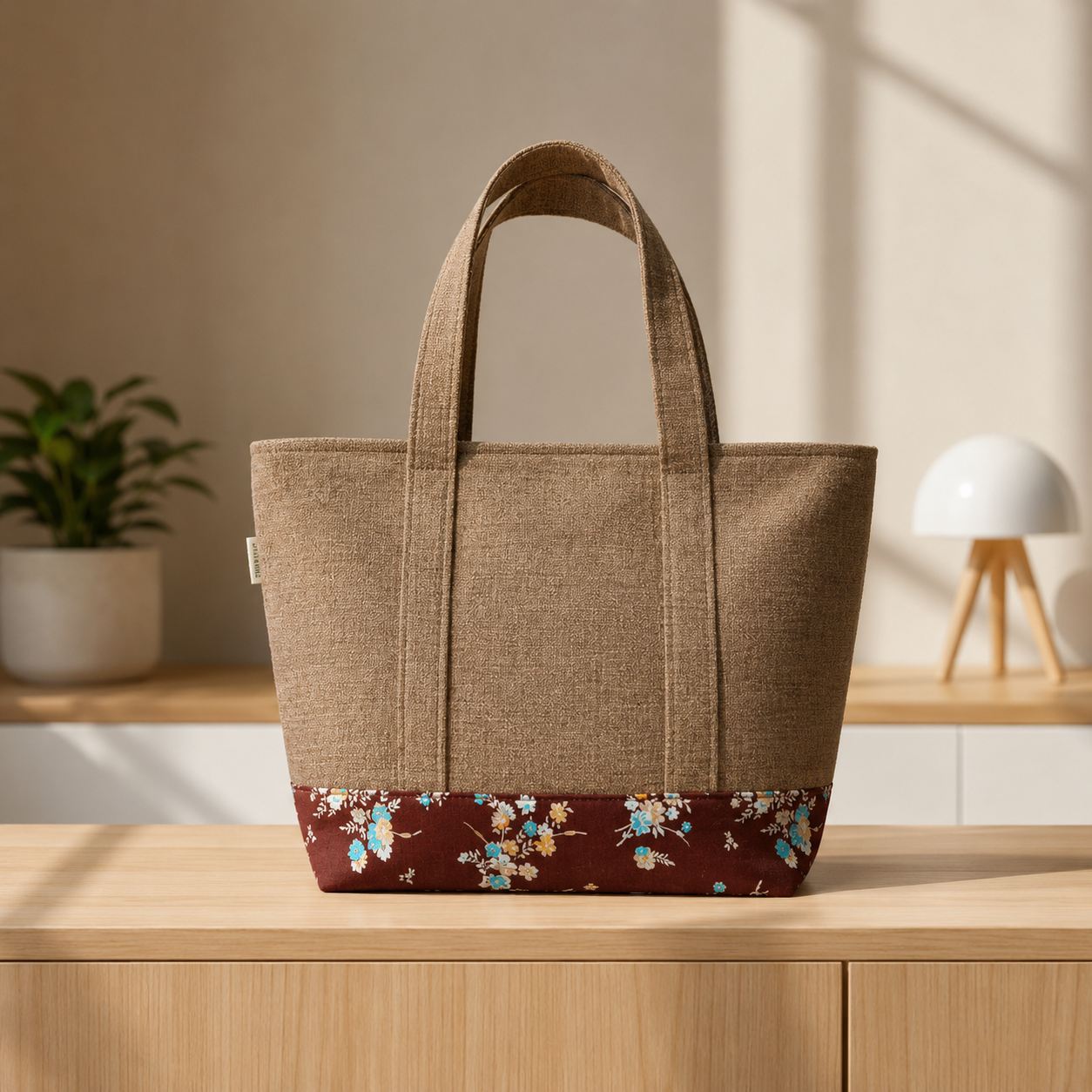 Brown jute with printed canvas Tote for Girls and Woman of all ages