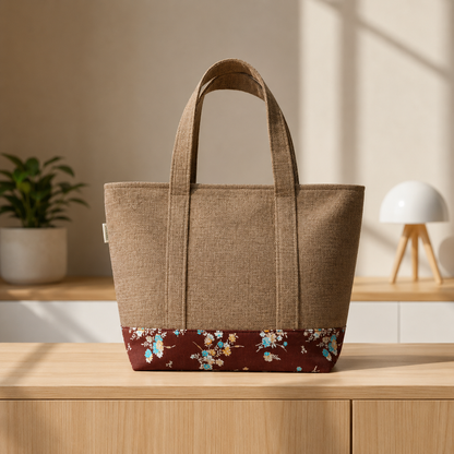 Brown jute with printed canvas Tote for Girls and Woman of all ages