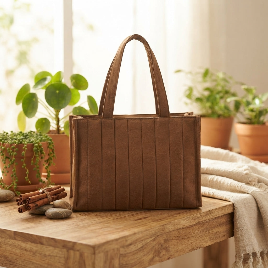 Brown Velvet Quilted Tote Bag – Stylish & Versatile