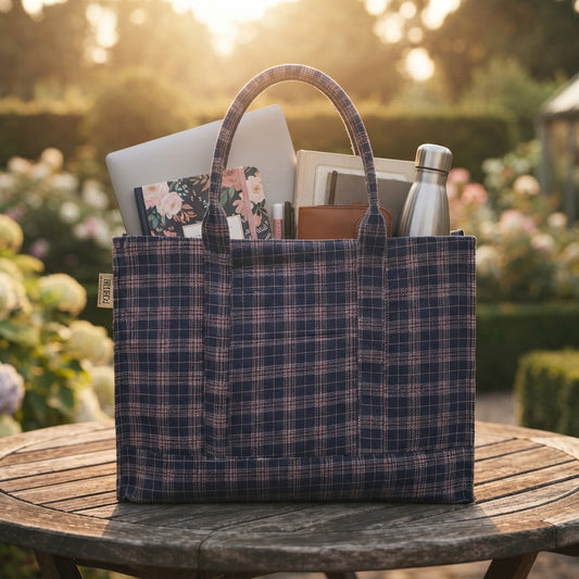 Blue Checkerd compartment tote bag