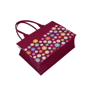 Maroon Canvas Tote – Multicolor Flower Fusion