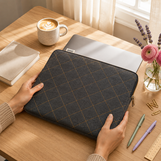 Dark Grey Quilted Denim Lap Top Sleeve 12* 8.5inches
