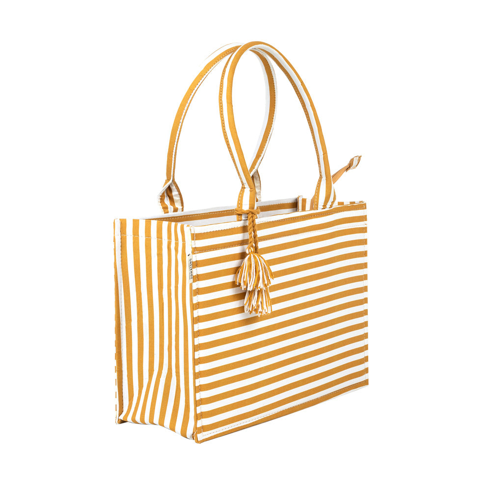 Golden Gleam Tote – Cotton Coated with Luxe Stripes & Tassel