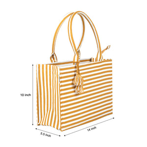 Golden Gleam Tote – Cotton Coated with Luxe Stripes & Tassel