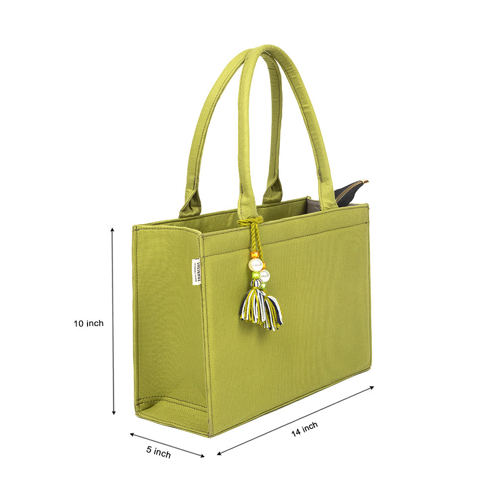 Boho Chic Green Cotton Tassel Tote – Versatile Everyday Handbag