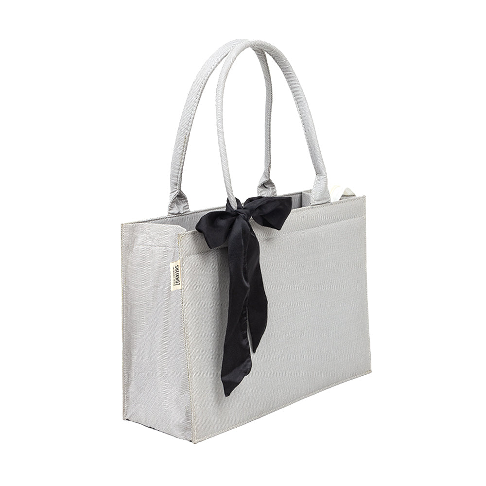 Self-Printed Grey Tote Bag with Black Knot Accent – Versatile and Chic