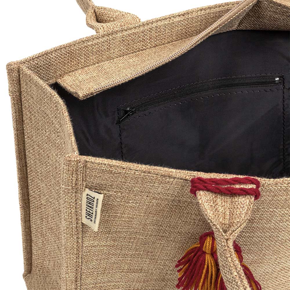 Earthy Chic Jute Tote - Warm Beige Tote with Tassel