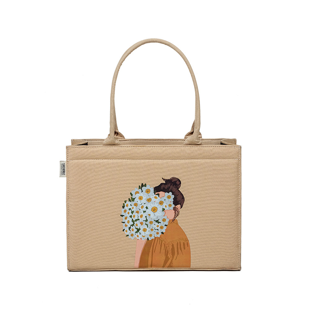 Cotton Canvas Tote Bag - Mimi Girl Corsage Beige
