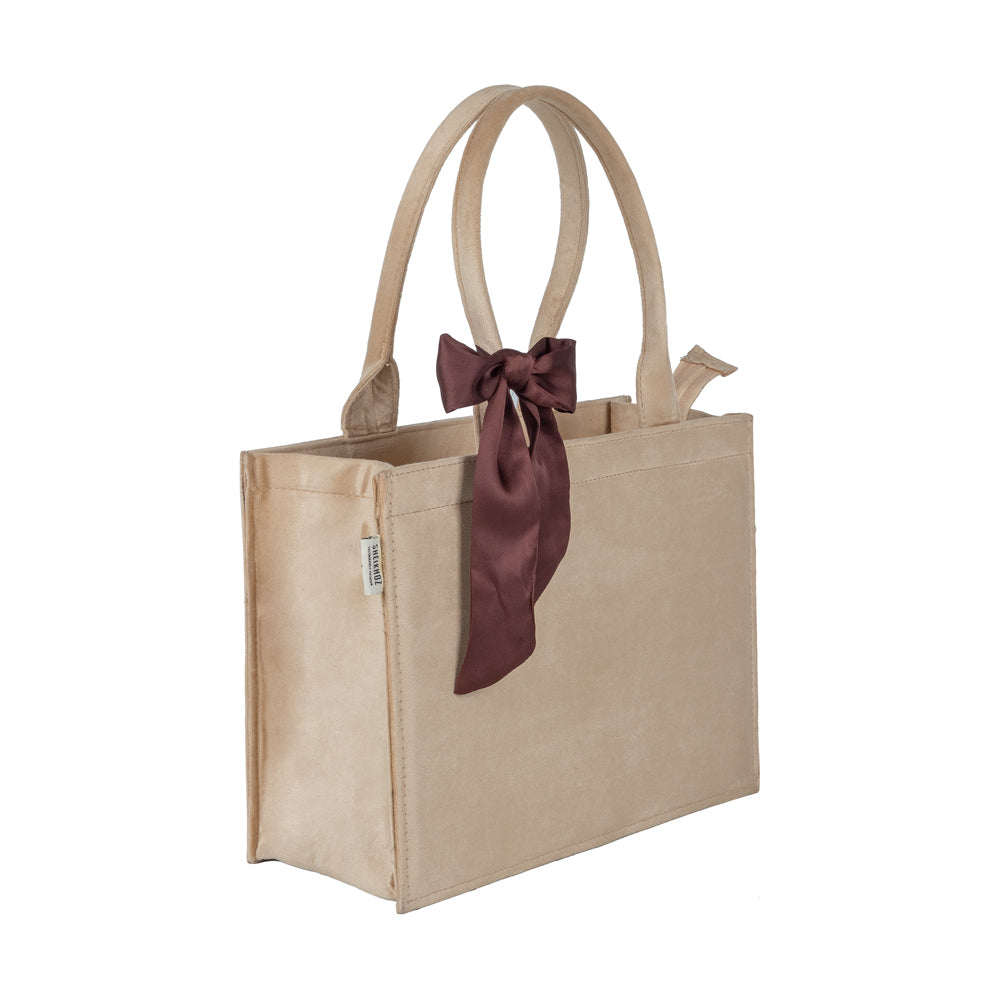 Beige Knotted Velvet Tote Bag – Elegant & Eco-Friendly Handbag