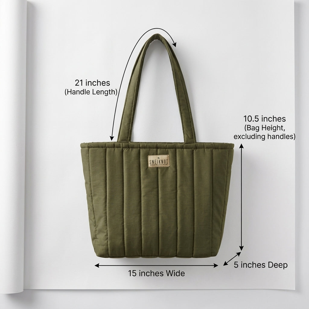 Olive Green Waterproof Quilted Tote Bag with a small Pouch
