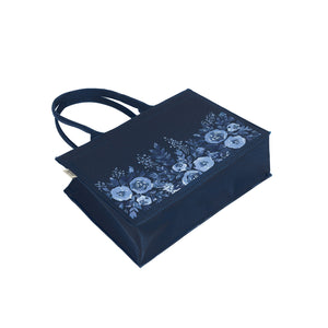 Medium Mimi - Floral Printed Navy Blue Tote Bag