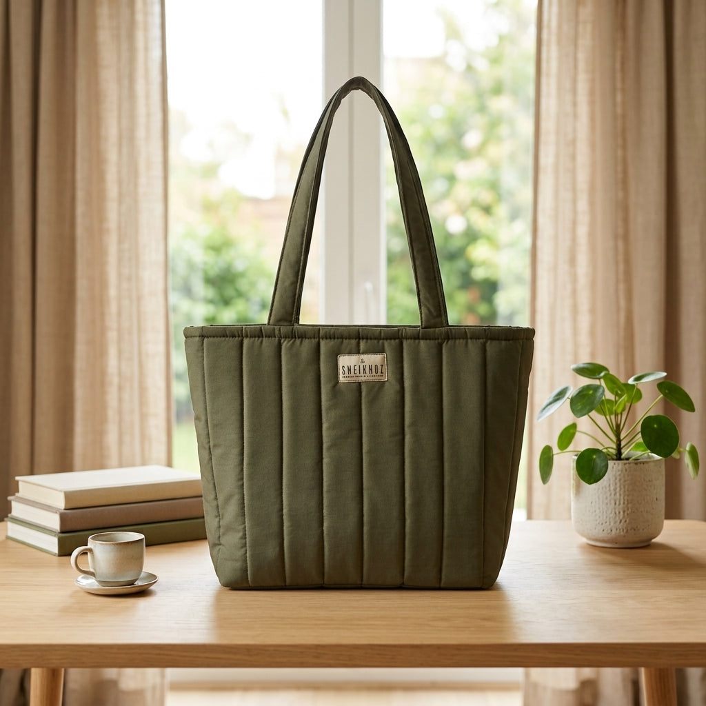 Olive Green Waterproof Quilted Tote Bag with a small Pouch