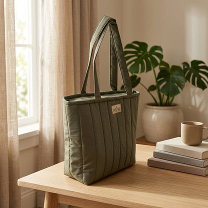 Olive Green Waterproof Quilted Tote Bag with a small Pouch