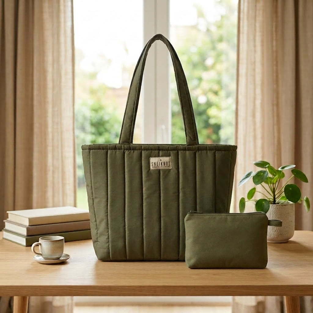 Olive Green Waterproof Quilted Tote Bag with a small Pouch