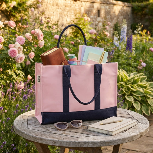Pink with navy blue handles women tote bag