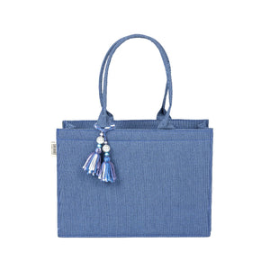 Self-Printed Blue Tote Bag with Tassel - Chic and Elegant