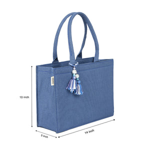 Self-Printed Blue Tote Bag with Tassel - Chic and Elegant