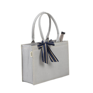 Self-Printed Grey Tote Bag with Blue Knot Accent – Versatile and Chic